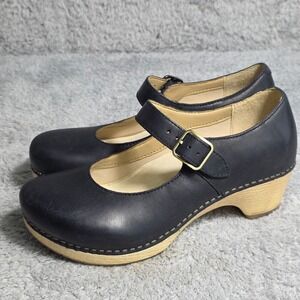 Dansko Mary Jane Clogs Chunky Black Leather Wood Heels Womens EU 36 Brand NEW
